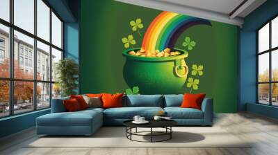 Green jar of gold and rainbow of leprechaun on green, created using generative ai technology Wall mural