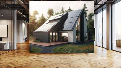 House with solar panels on roof, created using generative ai technology Wall mural