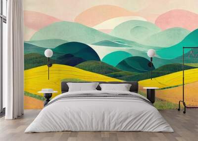 Image of landscape with colorful mountains and sky created using Generative AI technology Wall mural