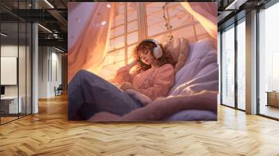 Lofi anime girl wearing headphones in bed, created using generative ai technology Wall mural