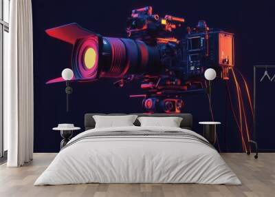 Professional video camera with large lens under neon lighting. Photography equipment in studio setting. Wall mural