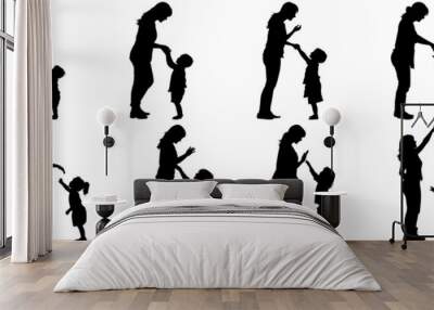 Family parent and childs silhouettes set, large pack of vector silhouette design, isolated white background Wall mural