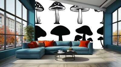 Mushroom silhouettes set, large pack of vector silhouette design, isolated white background Wall mural