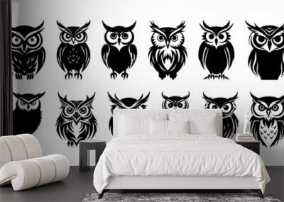 Owl bird silhouettes set, large pack of vector silhouette design, isolated white background Wall mural