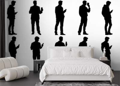 People with mobile phone silhouettes set, large pack of vector silhouette design, isolated white background Wall mural