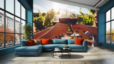 Close up of young friends toasting white wine at an outdoor dinner party, cheers at family dinner for a celebration in summer day on vacation holiday Wall mural