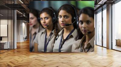 Group of young business women with headset posing in row in a call center office. Wall mural