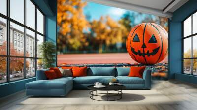 Halloween pumpkin jack-o-lantern face on basketball ball with basketball court background, halloween and sport concept Wall mural