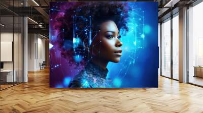 Portrait of beautiful black woman with curly hair with neural network thinks around her head on pink and blue background. Artificial intelligence and technology concept. Wall mural