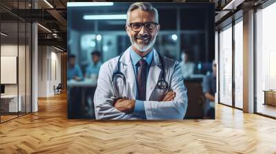 Portrait of mature male doctor wearing white coat with stethoscope standing in class room office with students in the background. Wall mural