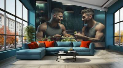 Sporty gay couple on fitness diet eating a healthy green salad with vegetables at home. Wall mural