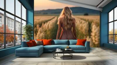 Beautiful blond woman walking in field view from behind. Back view of blond woman in field. Woman walking in wheat back view. Wall mural