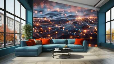 A futuristic digital landscape with glowing blockchain nodes interconnected by intricate lines, leaving space on the right for text or graphics relevant to market needs Wall mural