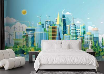 A vibrant urban cityscape featuring innovative solar-powered buildings and infrastructure, with clear areas for text or graphics emphasizing the benefits of sustainable living Wall mural