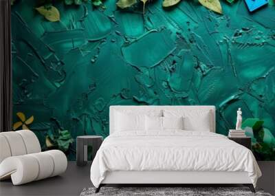 An abstract composition featuring recycled materials, renewable energy symbols, and green icons arranged in a visually appealing pattern, conveying the concept of eco-conscious design and innovation, Wall mural