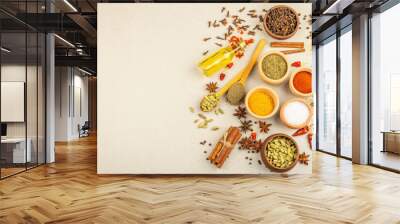 A set of spices for cooking curry. Aromatic condiments on light stone concrete background Wall mural