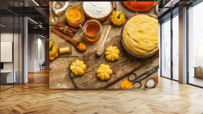 Pumpkin buns or biscuits, traditional fall baked goods. Seasonal ingredients for cooking food Wall mural