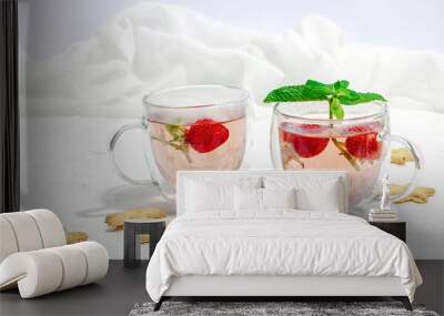 Strawberry tea concept. Good morning concept. Teapot, ripe fruits, healthy beverage Wall mural