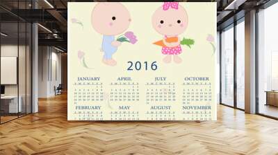 Calendar for 2016 with cartoon and funny bunnies kids. Vector il Wall mural