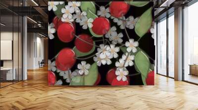 seamless background pattern with colorful cherry and bloom on bl Wall mural