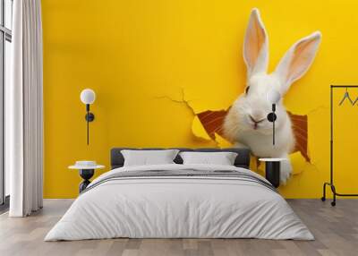 A cute white rabbit emerges through a torn yellow paper background, giving a sense of curiosity and surprise Wall mural