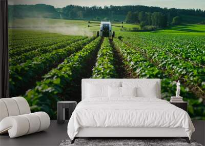 A drone sprays crops in an expansive green field, illustrating advanced agricultural techniques and precision Wall mural