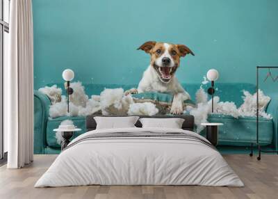 A joyful white and brown dog sits on a turquoise sofa, surrounded by fluff from the destroyed cushions Wall mural