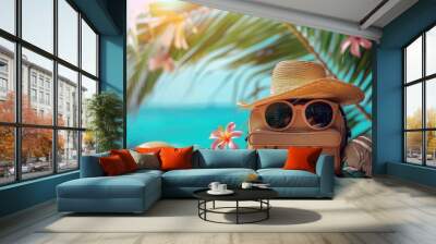 A picturesque setting of a beach with sunglasses and a bag resting among the seashells, evoking the excitement of a holiday adventure Wall mural