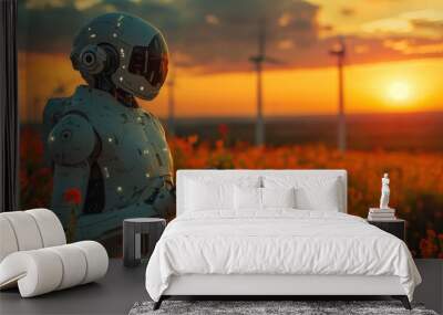 A robot pauses to survey the sunset on a serene field of wildflowers, reflecting a harmonious blend between technology and nature's beauty Wall mural