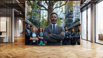 A smiling group of formally dressed individuals stands proudly in front of a towering tree on a bustling city campus, their tailored suits and coats exuding confidence and success at their business c Wall mural