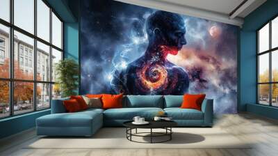 Abstract digital artwork of a human form with a galaxy at its core, blur on face to focus on the universality of the concept Wall mural