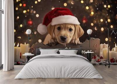 Adorable puppy with Santa hat and candles around Wall mural