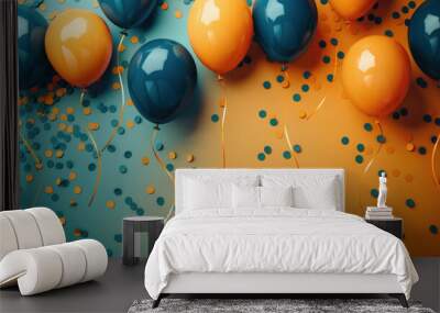 An array of joyful blue and orange balloons on a blue and orange gradient background sprinkled with confetti Wall mural