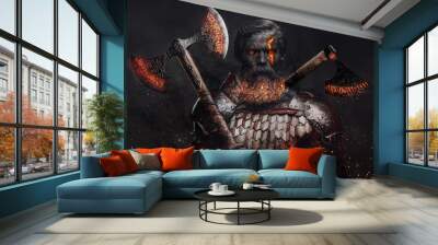 Ancient demonic warrior with axes against dark background Wall mural