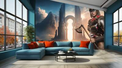 Art of furious female viking with make up dressed in red cloak and steel armor. Wall mural