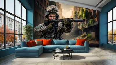 Art of soldier woman with rifle in post apocalyptic city with destroyed buildings. Wall mural