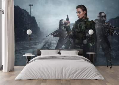 Artwork of brave female suvivor with camouflage uniform in snowy day in city. Wall mural