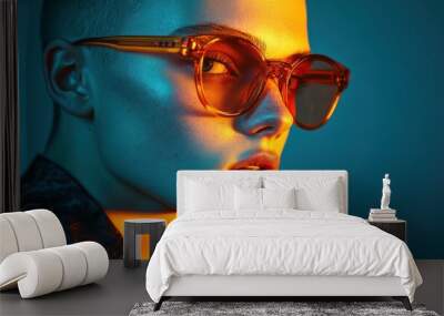 Close-up of a person with stylish orange-tinted glasses Wall mural