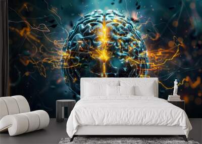 Electrifying art of a fully lit brain showcasing a high-energy depiction of cognitive functions like thinking and analyzing Wall mural