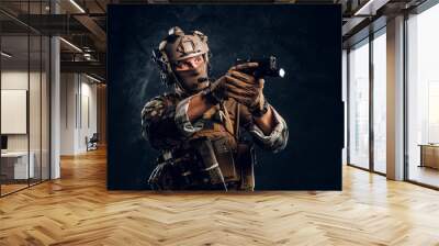 Elite unit, special forces soldier in camouflage uniform holding a gun with a flashlight and laims at the target. Wall mural