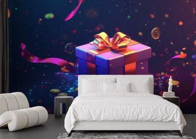 Gift box with orange bow amidst flying confetti. Wall mural