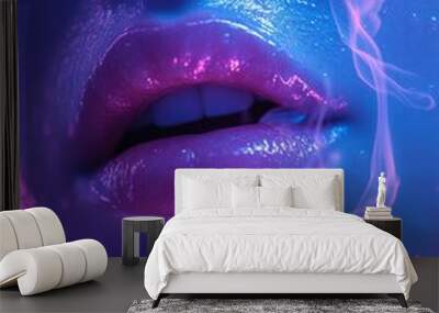 Glowing lips in neon lights with multiple colors effect Wall mural