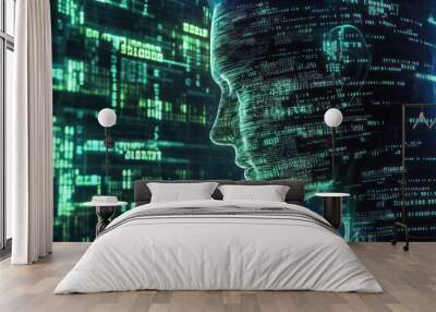 Green digital face profile with streaming data Wall mural