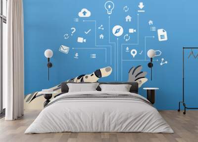 Helping and protection of social media by artificial intelligence. Illustration of cyber hand and icons above it in blue background. Wall mural