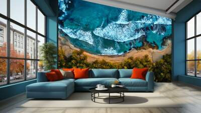 Magnificent aerial shot of a blue tropic lagoon with crystal clear water surrounded by beach and palm trees. Wall mural