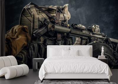 Military uniform and equipment. Body armor, gun, assault rifle, helmet, night vision goggles. Studio photo against a dark textured wall Wall mural