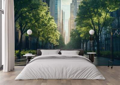 Morning sunlight city street with green shaded walkways Wall mural