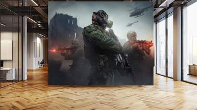 Portrait of military man with camouflage uniform and rifle in battlefield in city. Wall mural