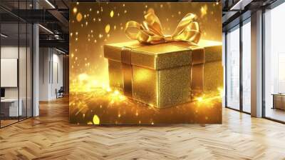 Radiant gold gift box radiating bright sparks around Wall mural