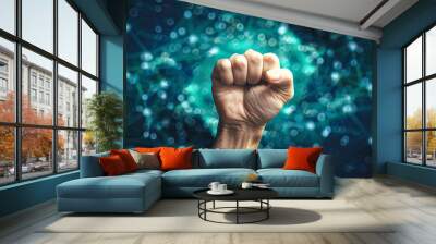 Raised fist amidst sparkling blue cosmos Wall mural